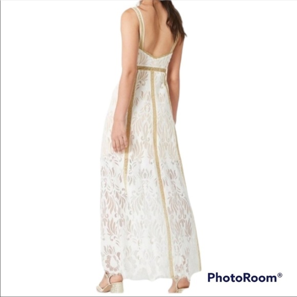 NEW FOXIEDOX LACE OVERLAY MAXI DRESS WHITE METALLIC GOLD EYELASH HEM | Small - Picture 16 of 17